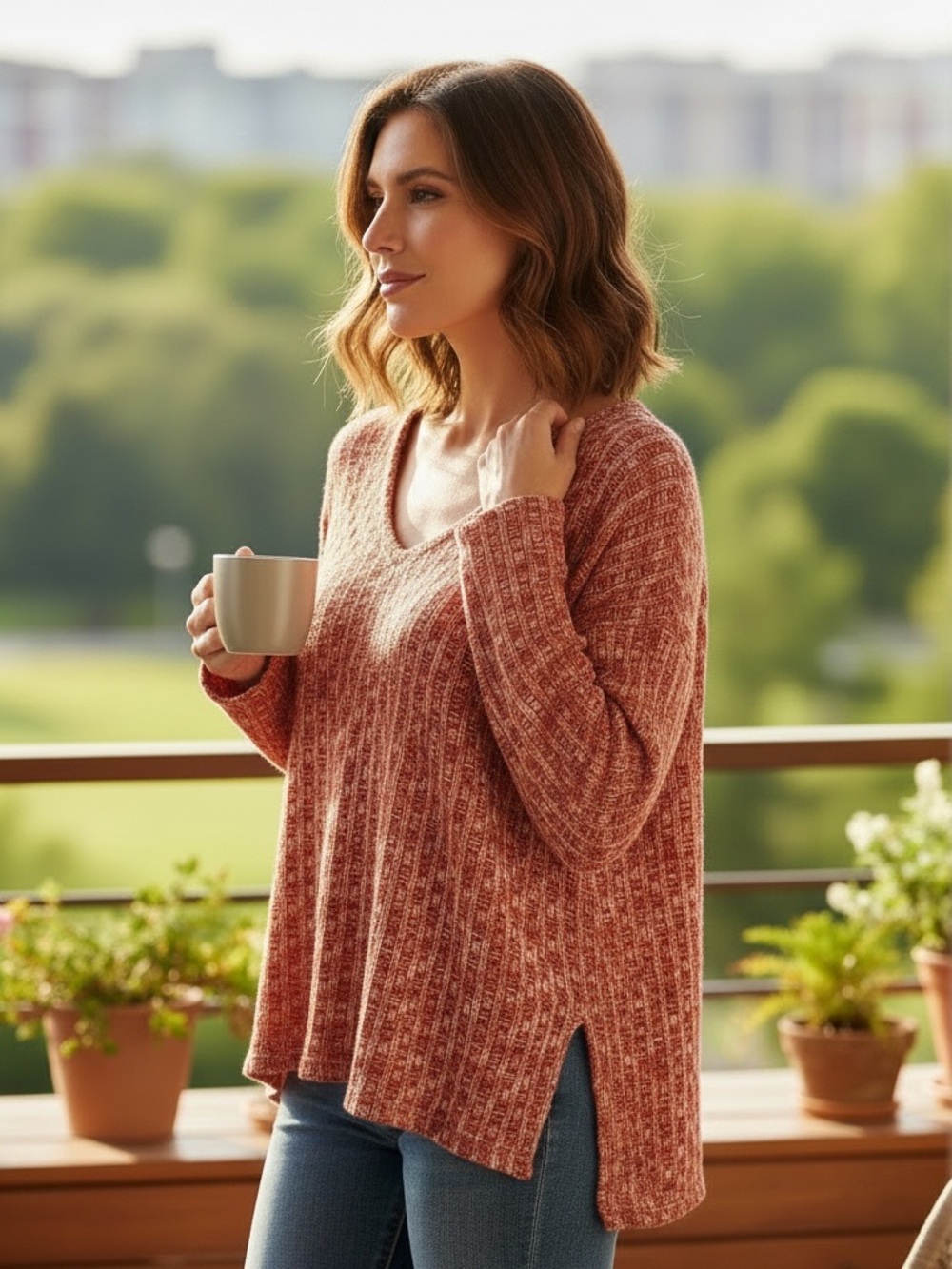 Entro Textured Orange and Cream Sweater - Picture 2 of 8